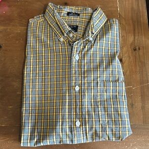 J Crew men’s large, yellow/navy, plaid, cotton button down. Purchased new.